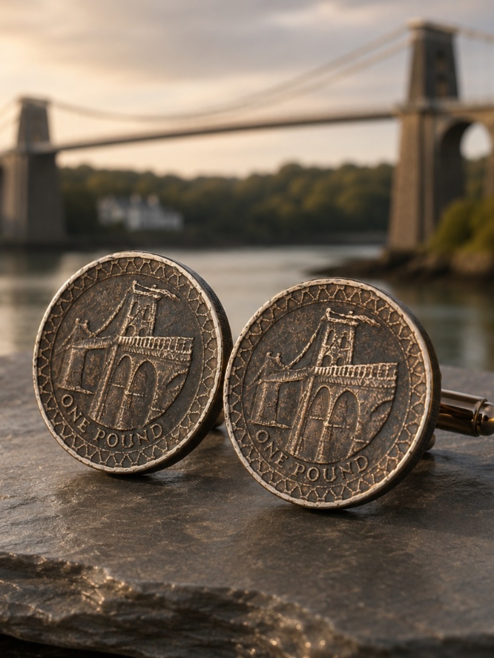 Menai Bridge £1 Coin Cufflinks  Antiqued profiled  Wales Engineer Gift
